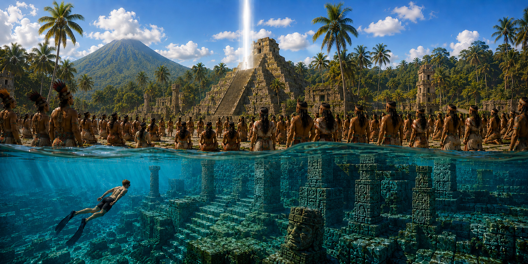A freediver exploring submerged ruins below an ancient city beside a tropical lake